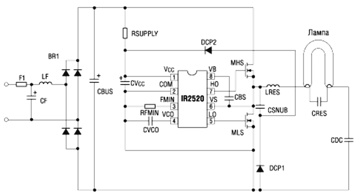 Схема ЭПРА на основе IR2520D фирмы IR